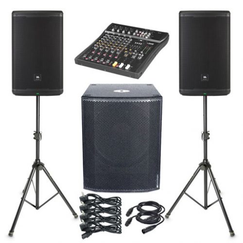 Musikanlage 3 mit JBL Boxen, Subwoofer, Mixer, Boxenständern; Geräteansichten; zu mieten bei VEITLIGHT® in Berlin Lichtenberg