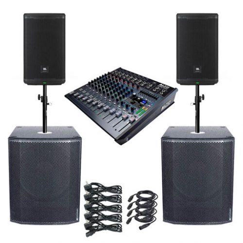 Musikanlage 4 mit JBL Boxen, Subwoofer, Mixer, Distanzstangen; Geräteansichten; zu mieten bei VEITLIGHT® in Berlin Lichtenberg